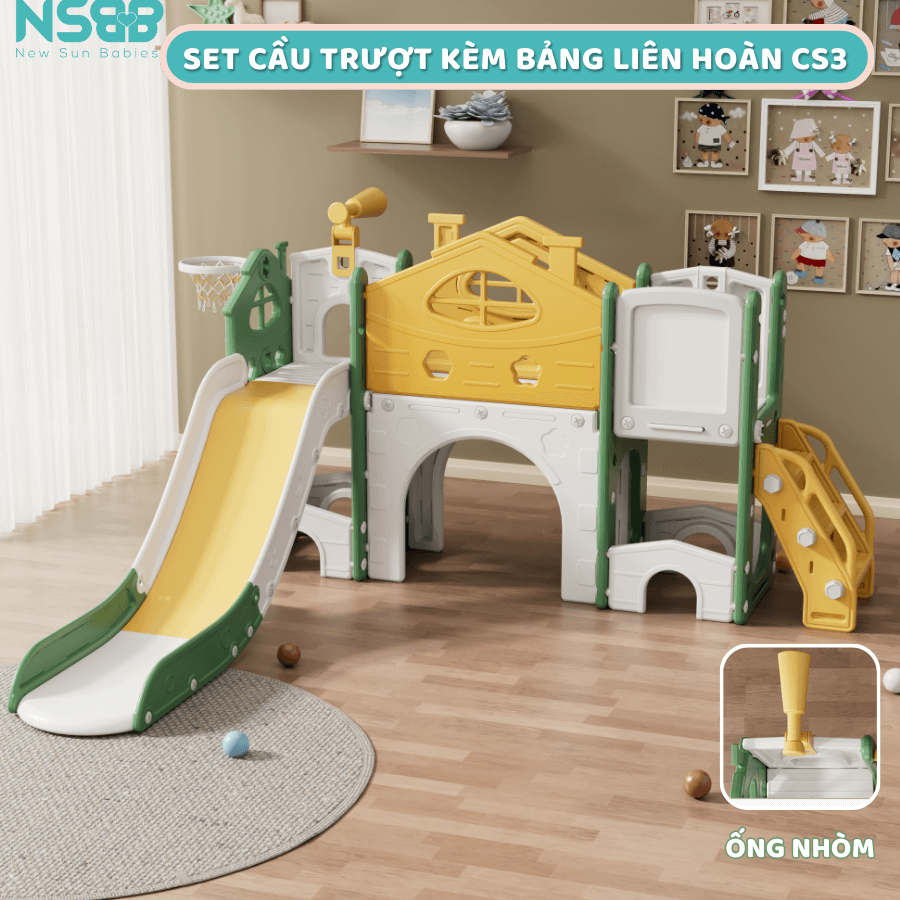Cầu trượt liên hoàn Pakey CS03 được trang bị thêm kính thiên văn kích thích các bé tìm hiểu và khám phá thế giới ngay từ khi còn nhỏ