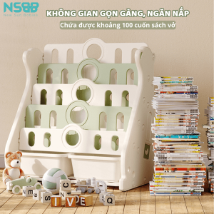 Giá sách bao gồm: 2 ngăn đựng đồ ở dưới cùng và 4 ngăn để sách