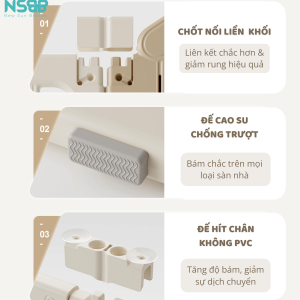 Bộ phụ kiện khoá chốt kép an toàn của bộ quây giúp duy trì sự ổn định tại các vị trí cố định, giảm rung lắc hiệu quả, bảo vệ an toàn tuyệt đối cho bé nhỏ