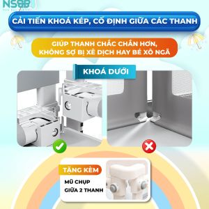 Với chiều cao tối đa 105cm cùng 25 nấc điều chỉnh độ cao, các thanh chắn được bọc xốp bảo vệ nên ba mẹ hoàn toàn có thể yên tâm khi đặt con ngủ