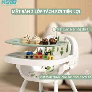 Mặt bàn có 2 khay nhựa PP an toàn: 1 khay ăn, 1 khay chơi