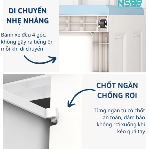 Tủ nhựa có thiết kế bánh xe di chuyển nhẹ nhàng, không gây ra tiếng ồn thuận lợi di chuyển, thay đổi vị trí mọi nơi
