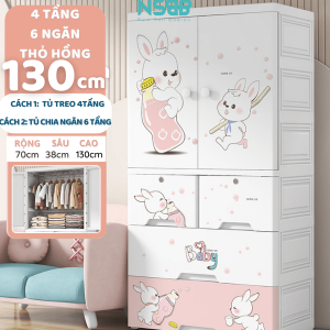 Tủ nhựa cho bé màu hồng hoạ tiết thỏ trắng 4 tầng: cao 110cm, rộng 70cm, sâu 38 cm
