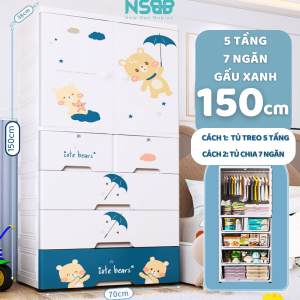 Tủ nhựa cho bé màu xanh 5 tầng: cao 110cm, rộng 70cm, sâu 38 cm