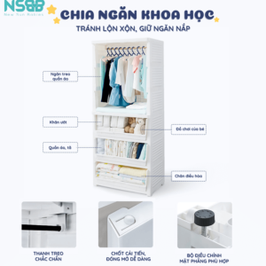 Ngăn trên cùng rộng và có móc treo thích hợp để treo quần áo.