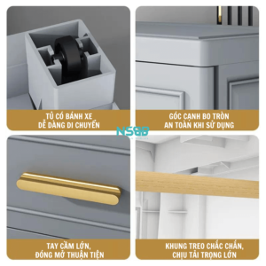 Cách thiết kế này giúp mẹ dễ dàng quét dọn và vệ sinh không gian dưới gầm tủ mà không gặp khó khăn