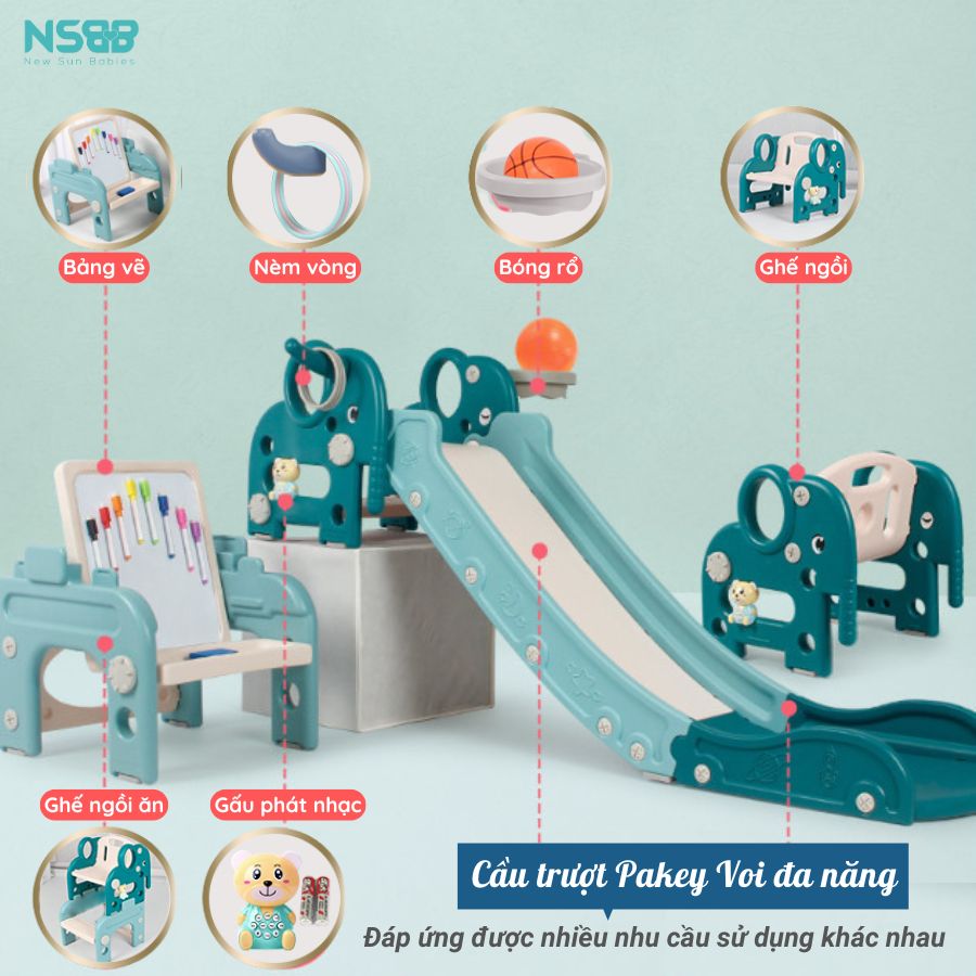 Cầu trượt gấp gọn đa năng 6in1 Pakey voi, cầu trượt cao cấp