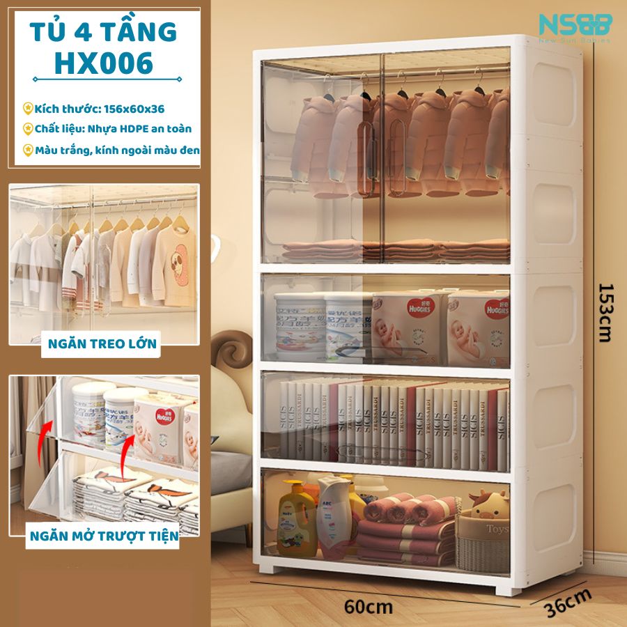 Tủ nhựa cho bé, tủ nhựa cánh trong kết hợp ngăn treo và ngắn kéo